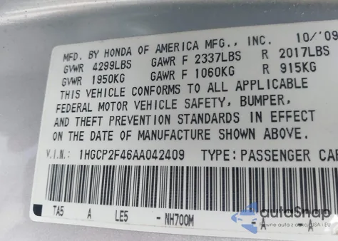 2010 Honda Accord 2.4 Lx-P z USA, uszkodzony, nr VIN 1HGCP2F46AA042409